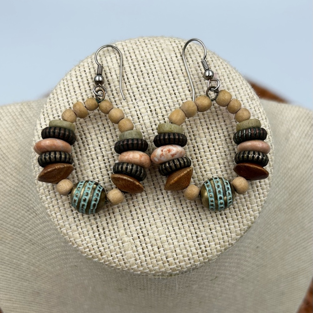 Vintage 1990s Boho Hoop Earrings Wood Metal Beads Earth Tones Limited Express